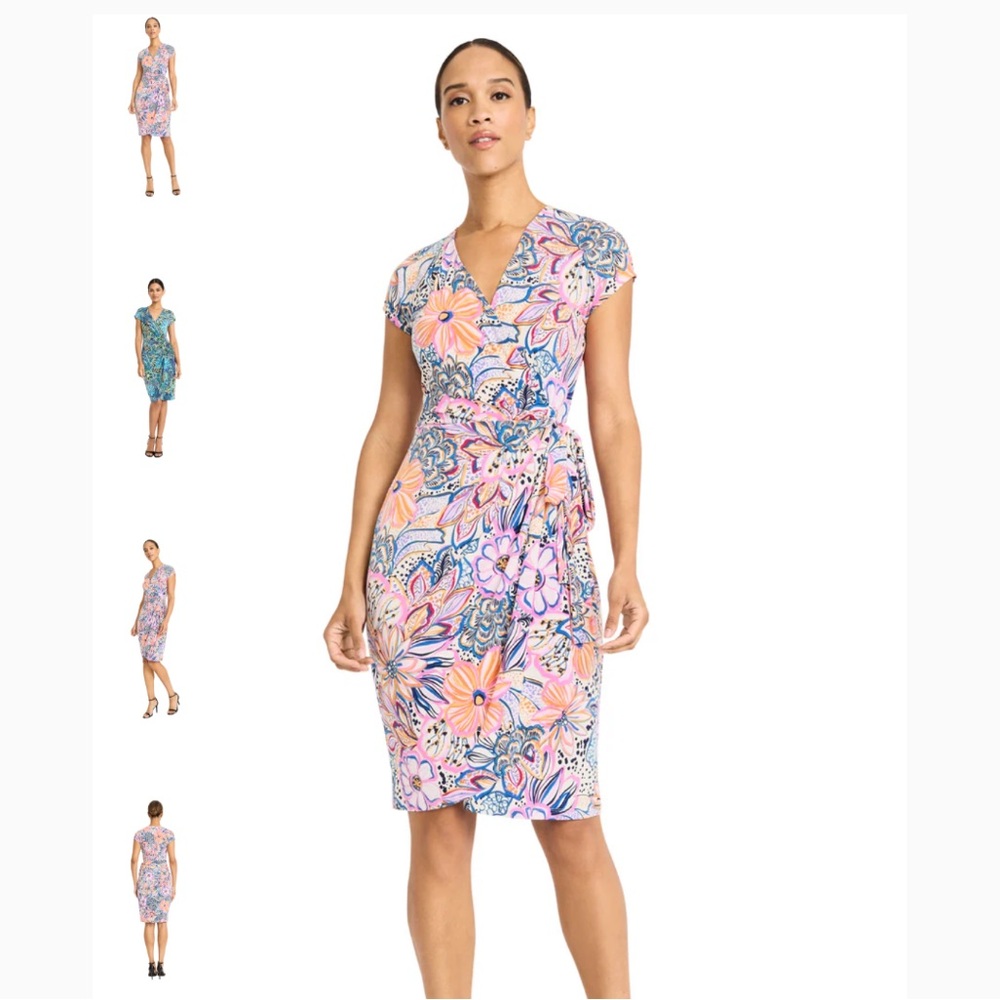 Mangy London cap sleeve true wrap dress, pink floral, size 16 NWT